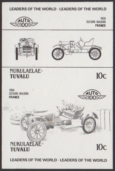 Nukulaelae 2nd Series 10c 1908 Sizaire-Naudin Automobile Stamp Black Stage Color Proof
