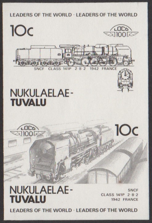 Nukulaelae 3rd Series 10c 1942 SNCF Class 141P 2-8-2 Locomotive Stamp Black Stage Color Proof