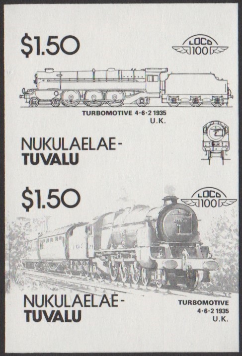 Nukulaelae 4th Series $1.50 1935 Turbomotive 4-6-2 Locomotive Stamp Black Stage Color Proof