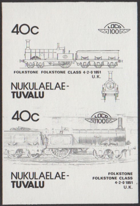 Nukulaelae 4th Series 40c 1851 Folkstone Folkstone Class 4-2-0 Locomotive Stamp Black Stage Color Proof