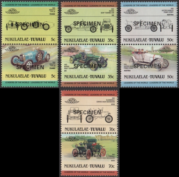 1985 Nukulaelae Leaders of the World, Automobiles (1st series) SPECIMEN overprinted Stamps