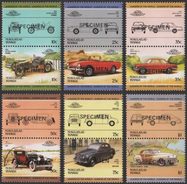 1985 Nukulaelae Leaders of the World, Automobiles (2nd series) SPECIMEN overprinted Stamps