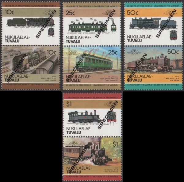 1985 Nukulaelae Leaders of the World, Locomotives (3rd series) SPECIMEN overprinted Stamps