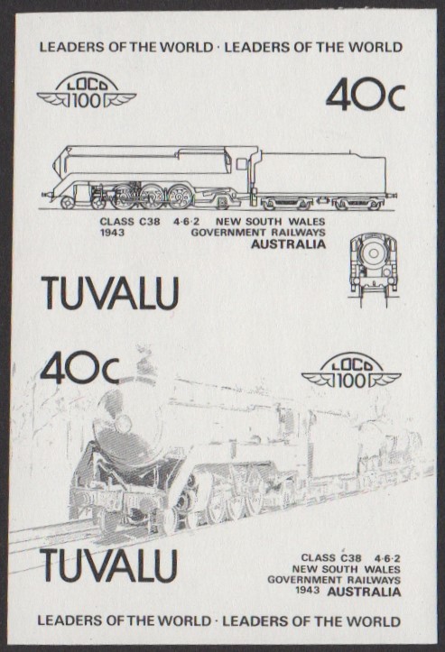 Tuvalu 1st Series 40c 1943 Class C38 4-6-2 New South Wales Government Railways Locomotive Stamp Black Stage Color Proof
