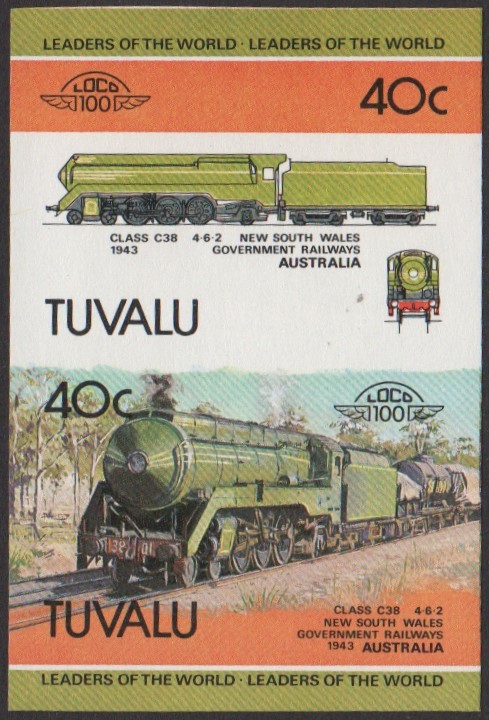 Tuvalu 1st Series 40c 1943 Class C38 4-6-2 New South Wales Government Railways locomotive Stamp Final Stage Color Proof