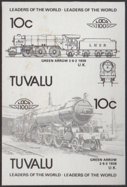 Tuvalu 5th Series 10c 1936 Green Arrow 2-6-2 Locomotive Stamp Black Stage Color Proof