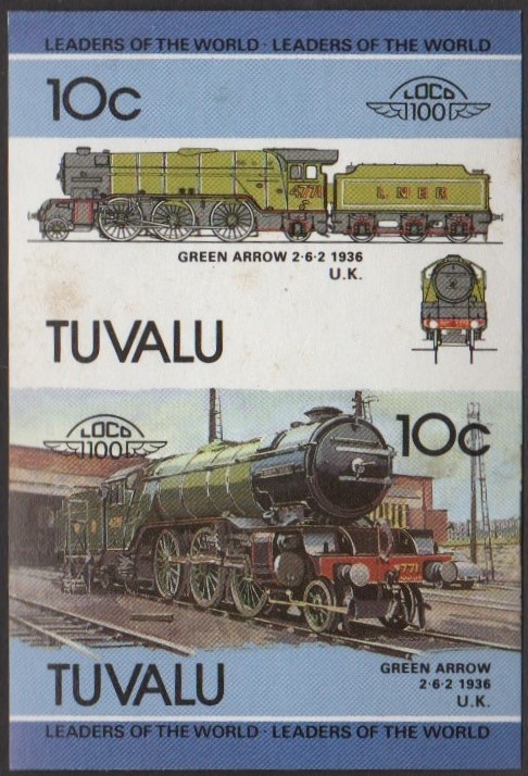 Tuvalu 5th Series 10c 1936 Green Arrow 2-6-2 Locomotive Stamp Final Stage Color Proof
