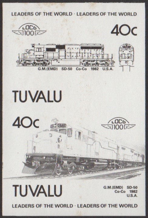 Tuvalu 5th Series 40c 1982 G.M.(EMD) SD-50 Co-Co Locomotive Stamp Black Stage Color Proof