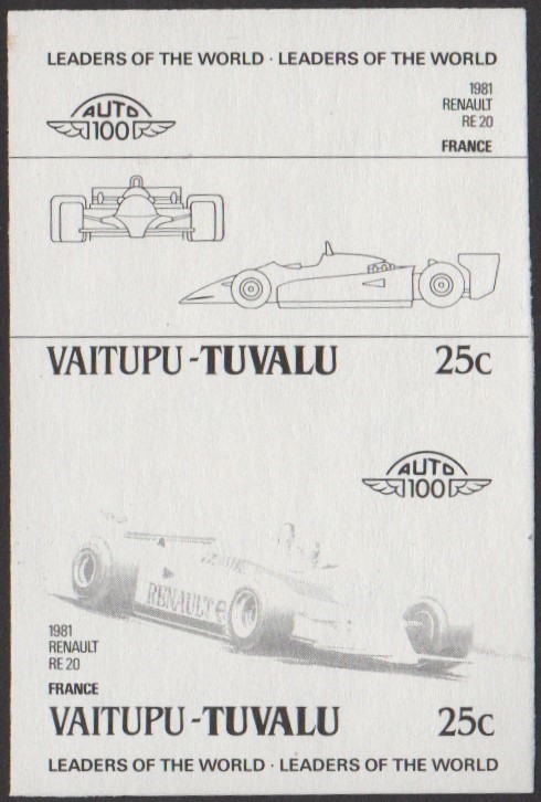 Vaitupu 2nd Series 25c 1981 Renault RE20 Automobile Stamp Black Stage Color Proof