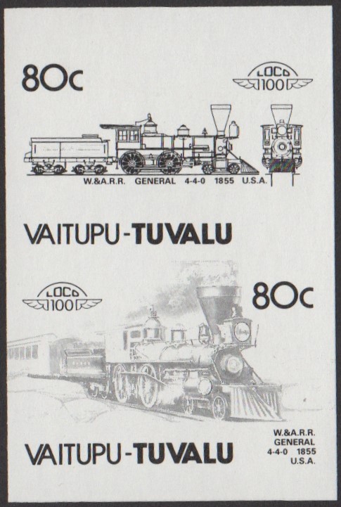 Vaitupu 2nd Series 80c 1855 Western & Atlantic Railroad General 4-4-0 Locomotive Stamp Black Stage Color Proof