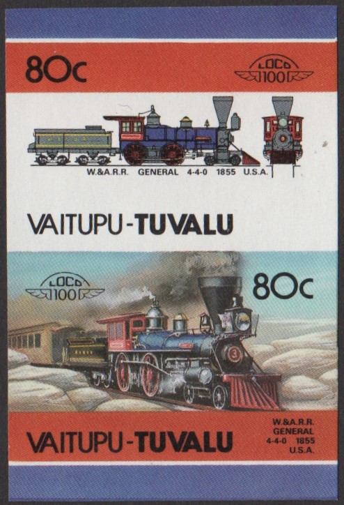 Vaitupu 2nd Series 80c 1855 Western & Atlantic Railroad General 4-4-0 Locomotive Stamp Final Stage Color Proof