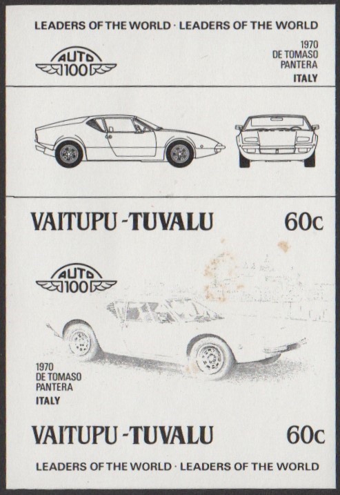 Vaitupu 3rd Series 60c 1970 De Tomaso Pantera Automobile Stamp Black Stage Color Proof