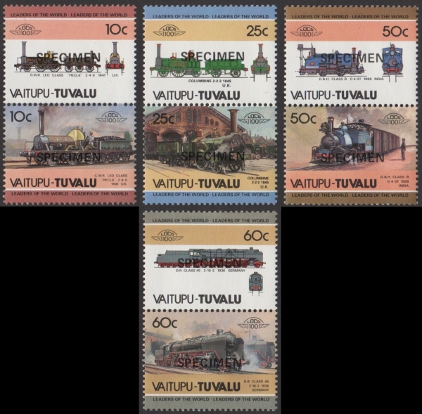 1985 Vaitupu Leaders of the World, Locomotives (1st series) SPECIMEN overprinted Stamps