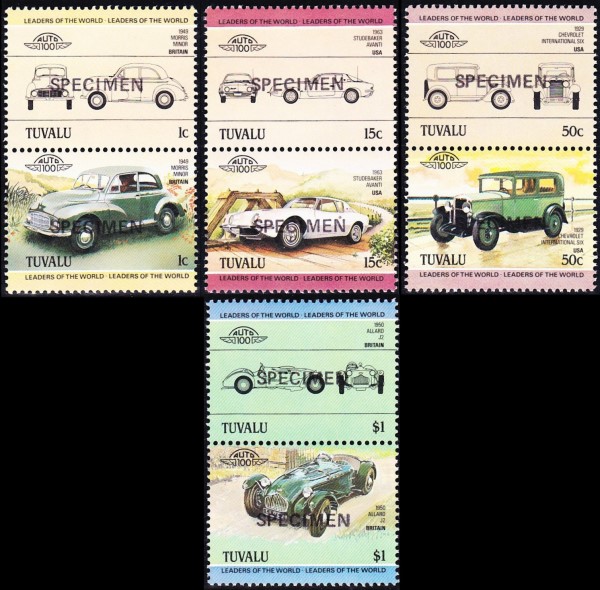 1984 Tuvalu Leaders of the World, Automobiles (1st series) SPECIMEN Overprinted Stamps