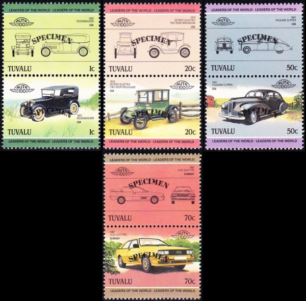 1985 Tuvalu Leaders of the World, Automobiles (2nd series) SPECIMEN Overprinted Stamps