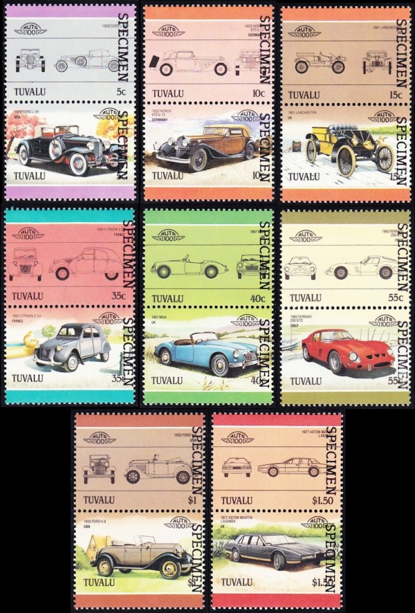 1985 Tuvalu Leaders of the World, Automobiles (3rd series) SPECIMEN Overprinted Stamps