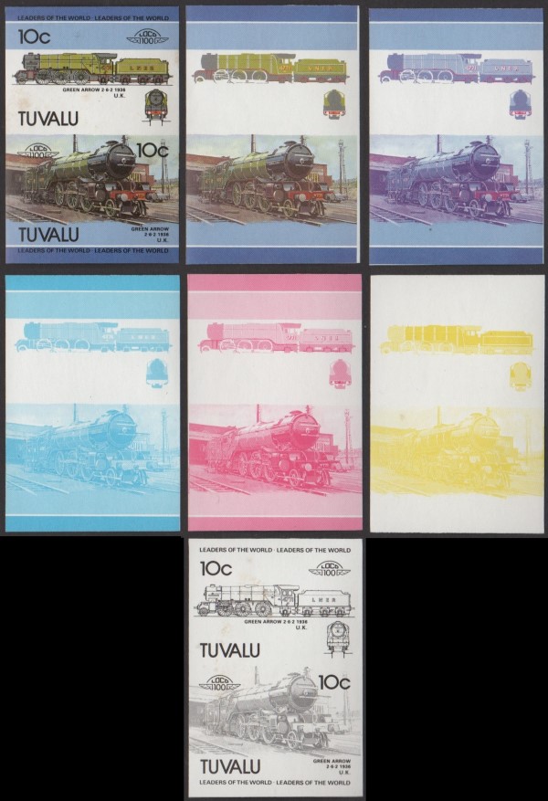 1985 Tuvalu Leaders of the World, Locomotives (5th series) Progressive Color Proof Stamps