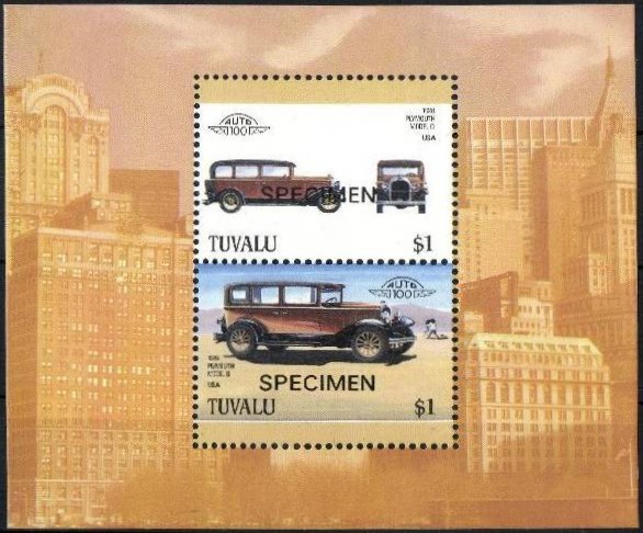 1987 Tuvalu Leaders of the World, Automobiles (5th series) SPECIMEN Overprinted Souvenir Sheet