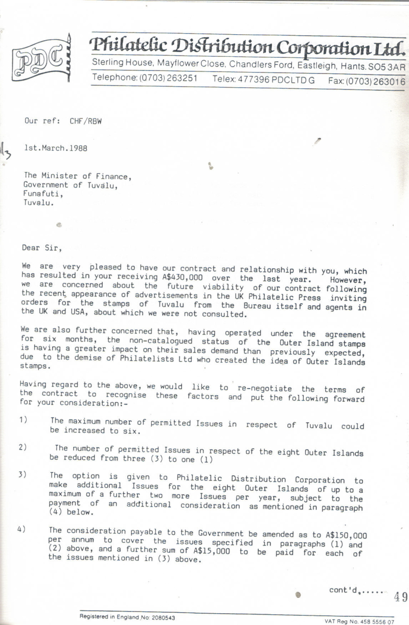 1988 PDC Letter to Tuvalu to Renegotiate Philatelic Contract Page 1