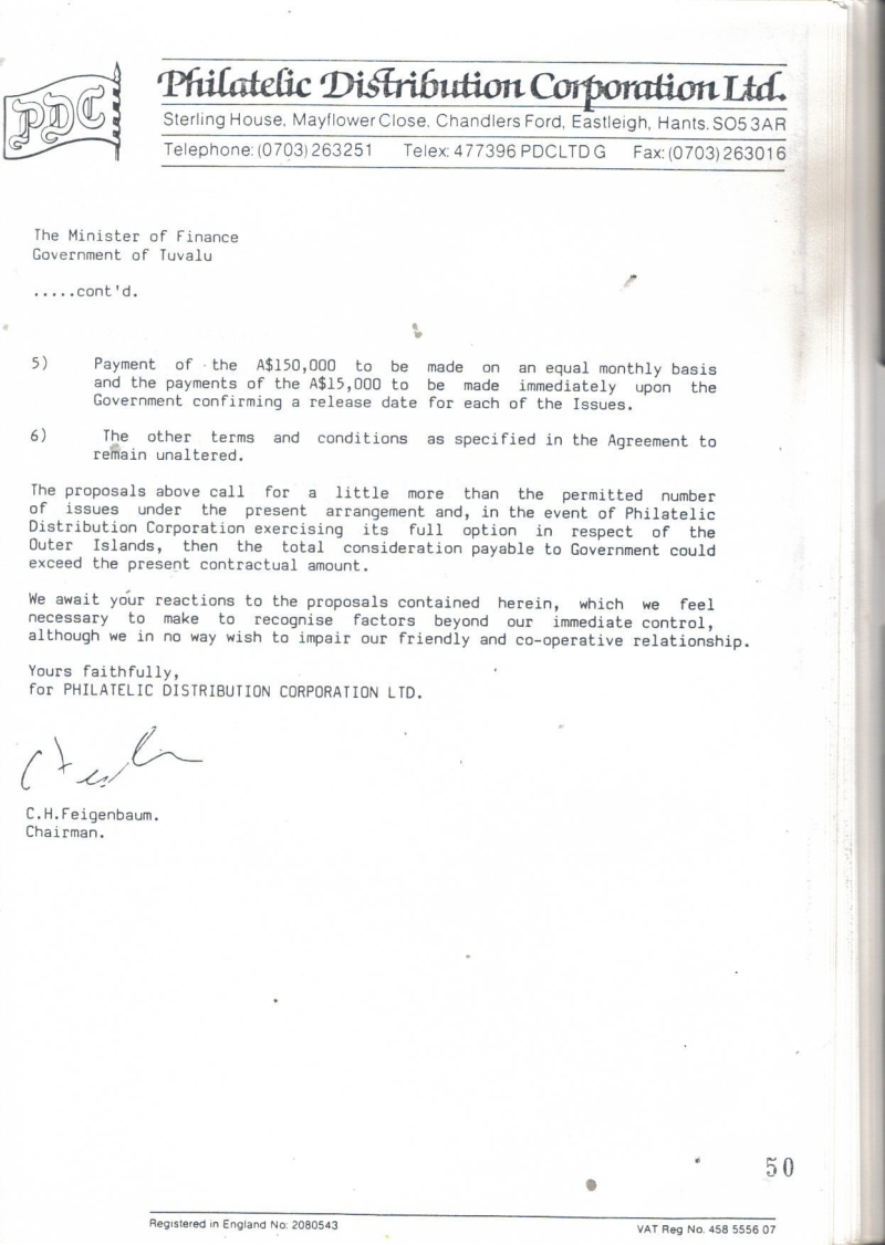 1988 PDC Letter to Tuvalu to Renegotiate Philatelic Contract Page 2