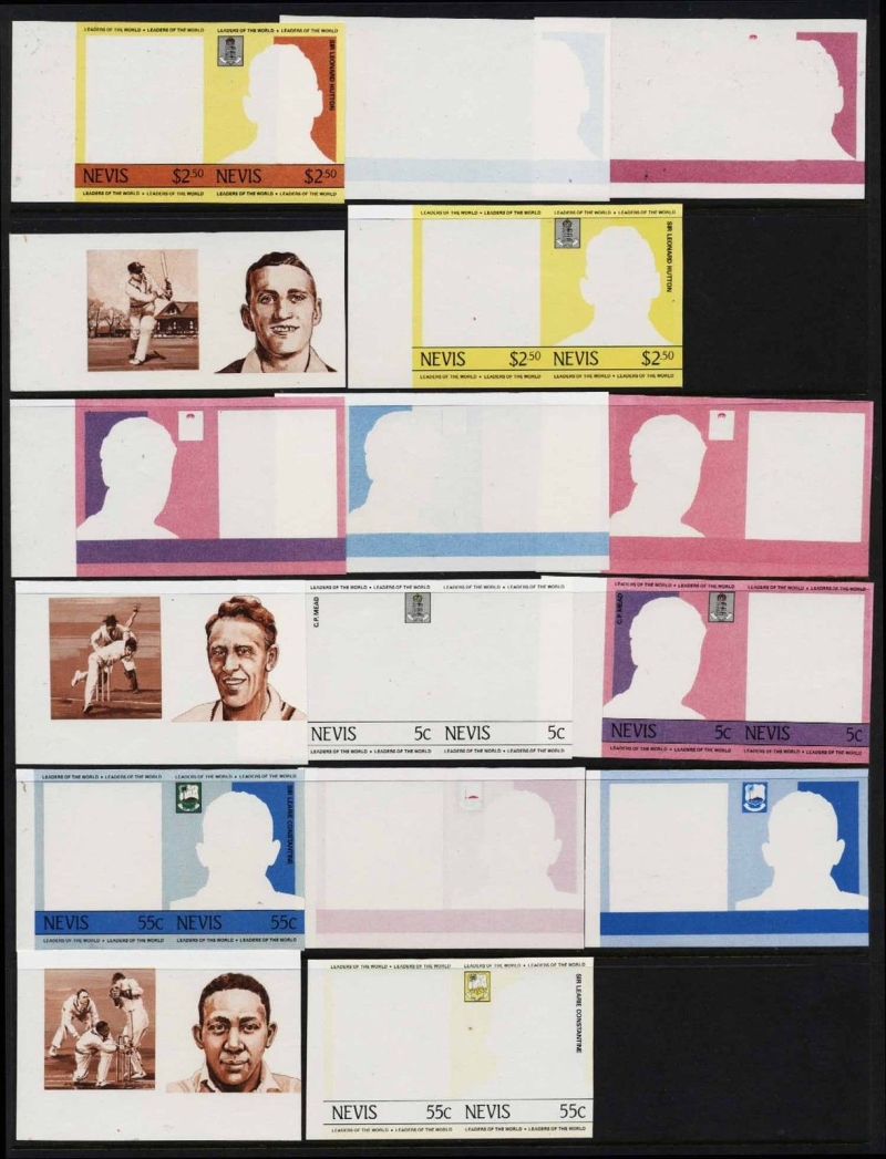 1984 Nevis Leaders of the World, Cricket Players (1st series) Stamp Color Proofs