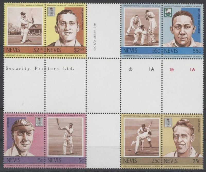 1984 Nevis Leaders of the World, Cricket Players (1st series) Crossgutter Block