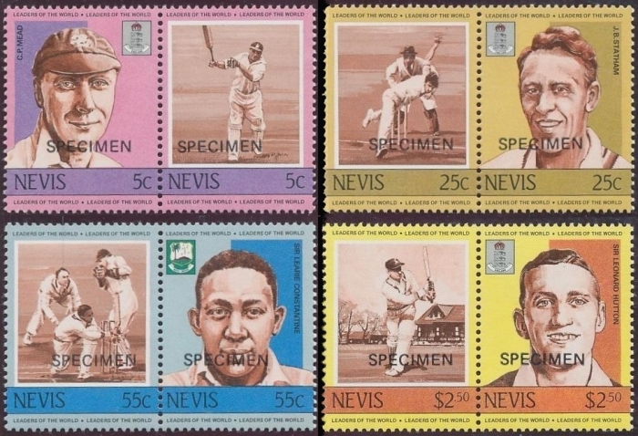 1984 Nevis Leaders of the World, Cricket Players (1st series) SPECIMEN Overprinted Stamps