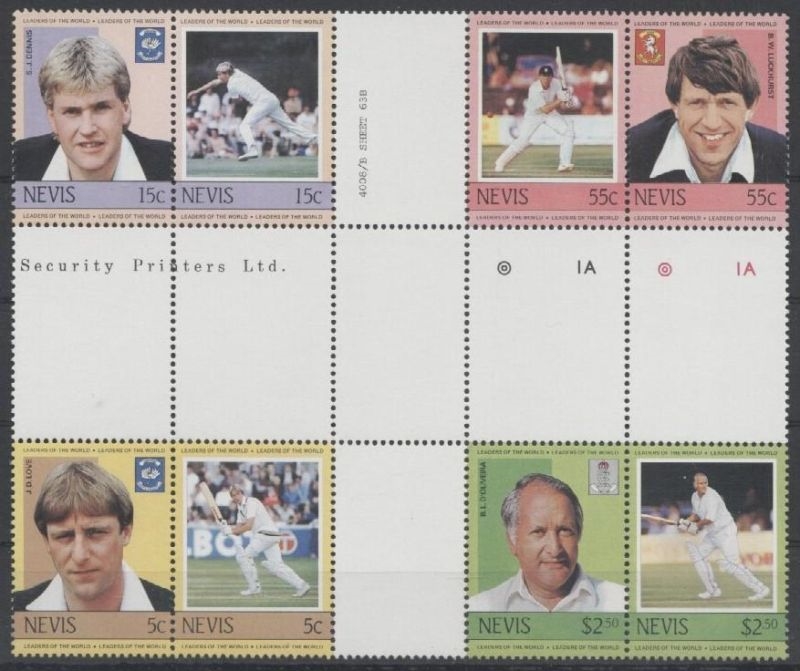 1984 Nevis Leaders of the World, Cricket Players (2nd series) Crossgutter Block