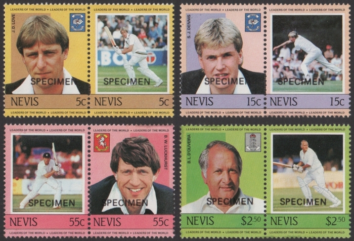 1984 Nevis Leaders of the World, Cricket Players (2nd series) SPECIMEN Overprinted Stamps