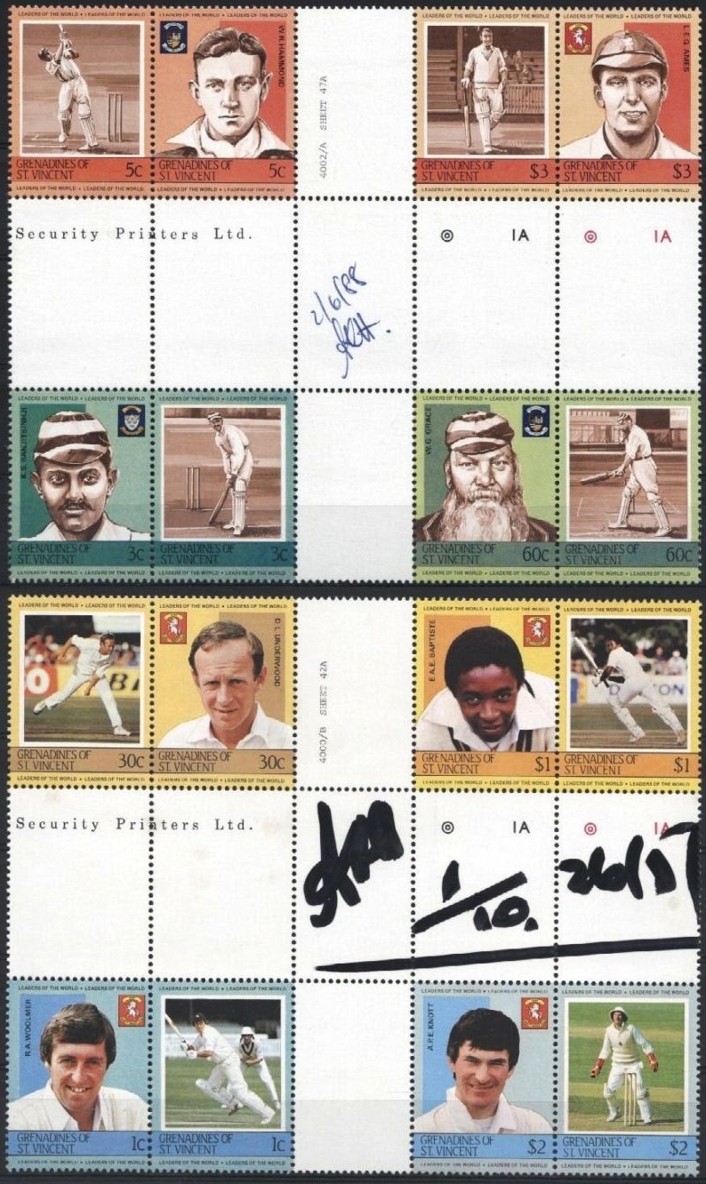 1984 Saint Vincent Grenadines Leaders of the World, Cricket Players (1st series) Crossgutter Blocks