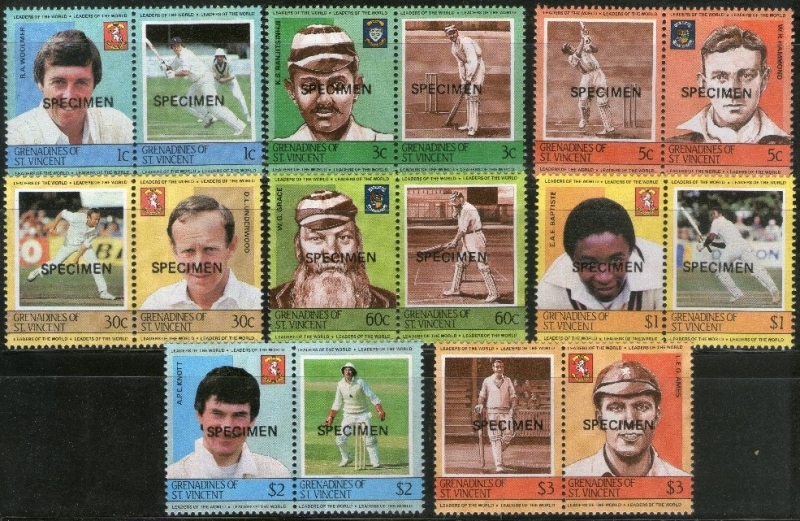 1984 Saint Vincent Grenadines Leaders of the World, Cricket Players (1st series) SPECIMEN Overprinted Stamps