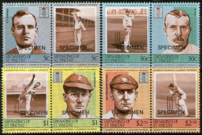 1984 Saint Vincent Grenadines Leaders of the World, Cricket Players (2nd series) SPECIMEN Overprinted Stamps