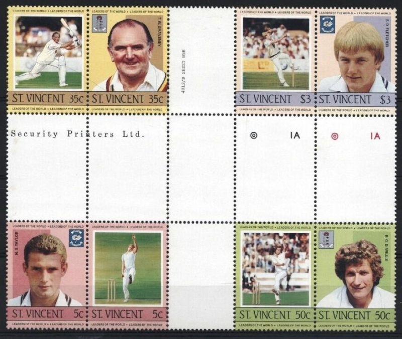 1985 Saint Vincent Leaders of the World, Cricket Players Crossgutter Block