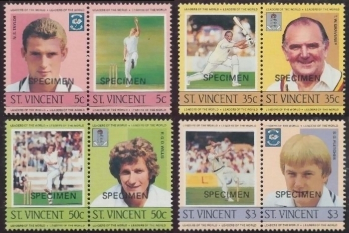 1985 Saint Vincent Leaders of the World, Cricket Players SPECIMEN Overprinted Stamps