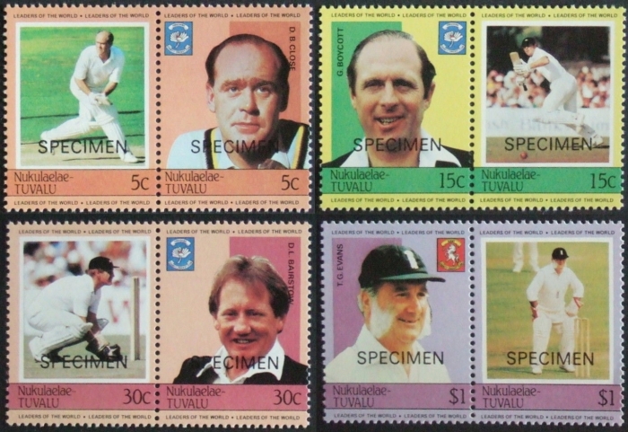 1984 Nukulaelae Leaders of the World, Cricket Players SPECIMEN Overprinted Stamp Set