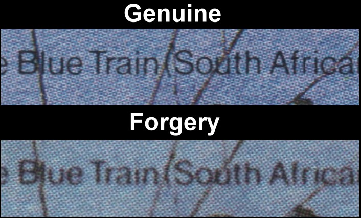 Lesotho 1984 Railways of the World Fake with Original Font Comparison