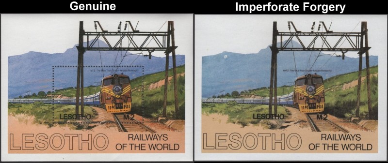 Lesotho 1984 Railways of the World Fake with Original Souvenir Sheet Comparison