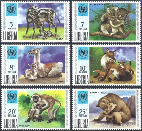 Liberia 1971 25th Anniversary of UNICEF, Wild Animals and Their Young Stamps