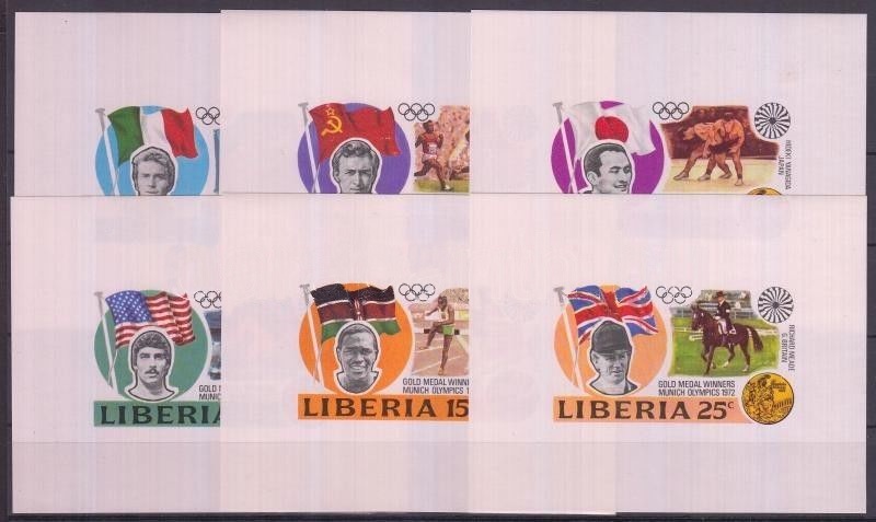 Liberia 1973 Summer Olympic Games Gold Medal Winners Deluxe Sheetlet Set with Pink Background