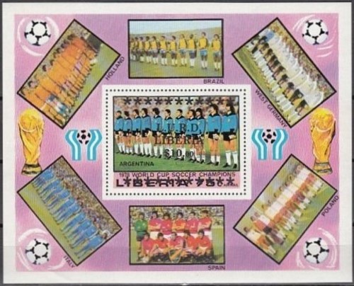 Liberia 1978 11th World Cup Soccer Championship Winners Souvenir Sheet with Unauthorized Overprint