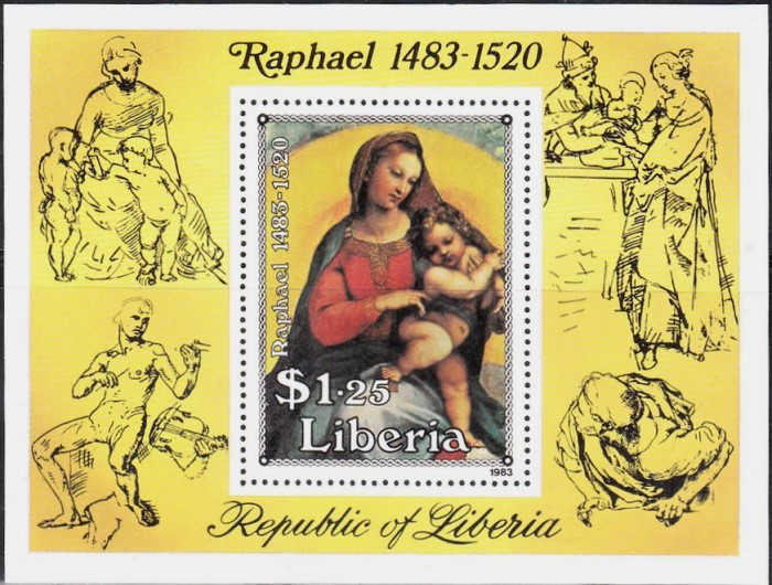 Liberia 1983 500th Anniversary of the Birth of Raphael, Paintings Souvenir Sheet