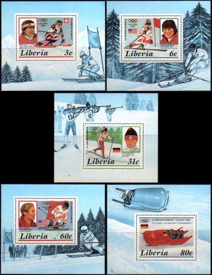 Liberia 1987 Winter Olympics 1984 Gold Medal Winners Deluxe Souvenir Sheet Set