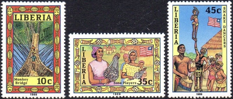 Liberia 1988 Sasa Players, Snake Dancers and Monkey Bridge Stamps Date stamped 1989
