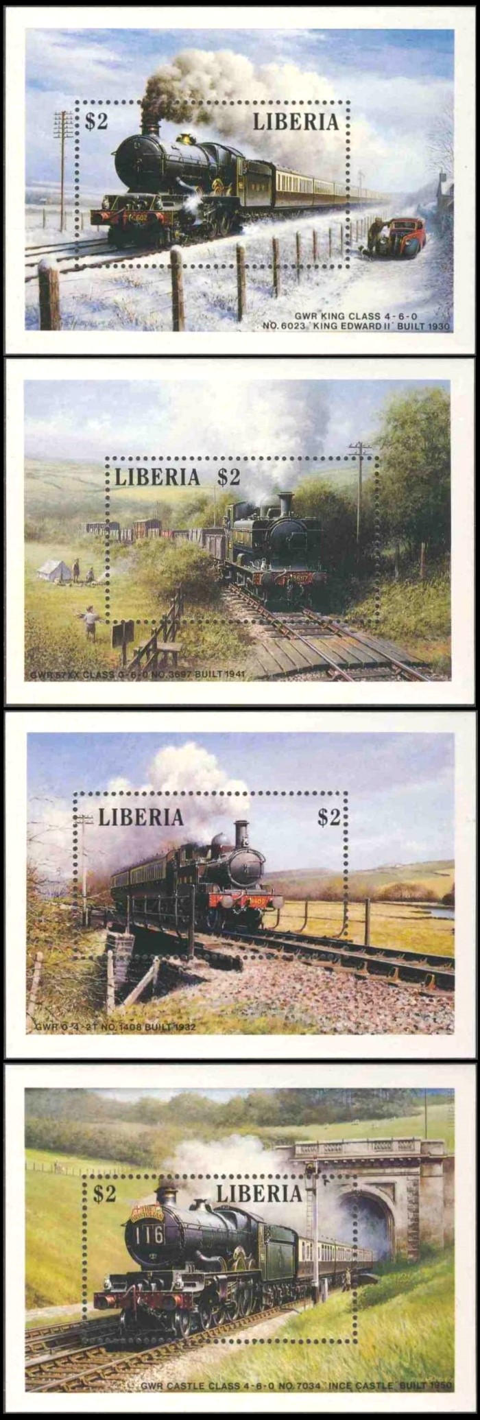 Liberia 1988 Trains and Locomotives Souvenir Sheet Set
