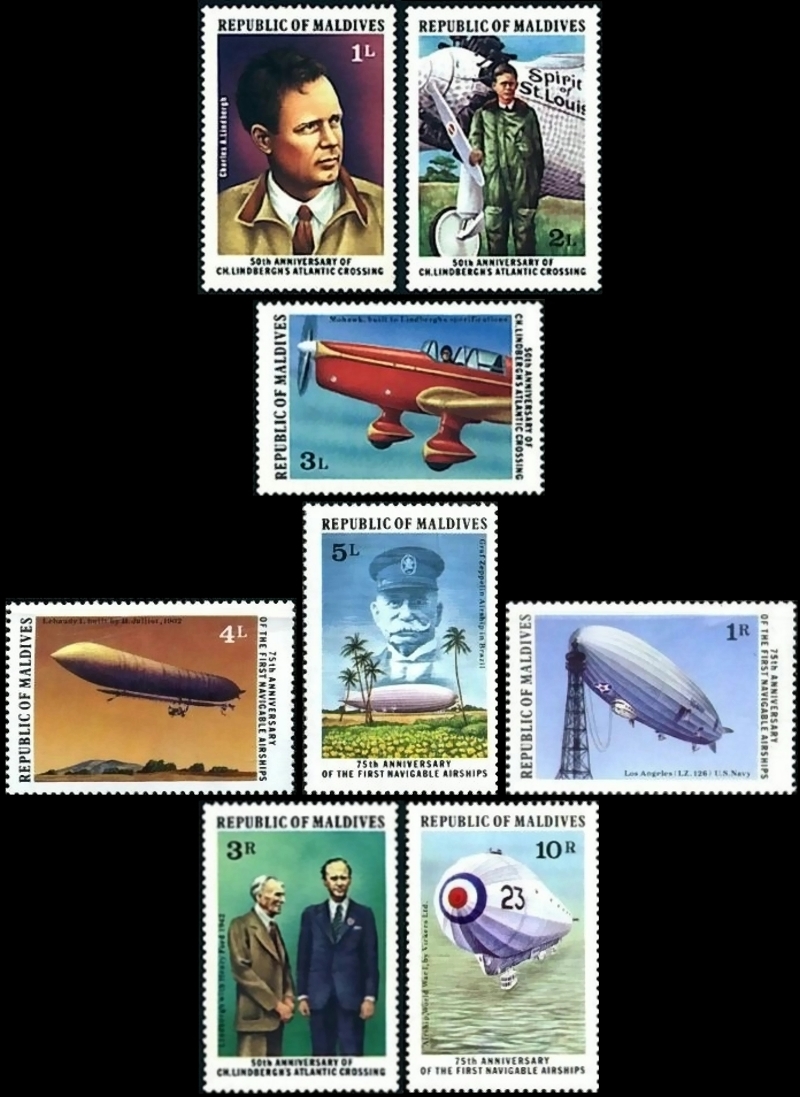 1977 50th Anniv. of Lindbergh's Flight and 75th Anniv. of First Navigable Airships Stamps