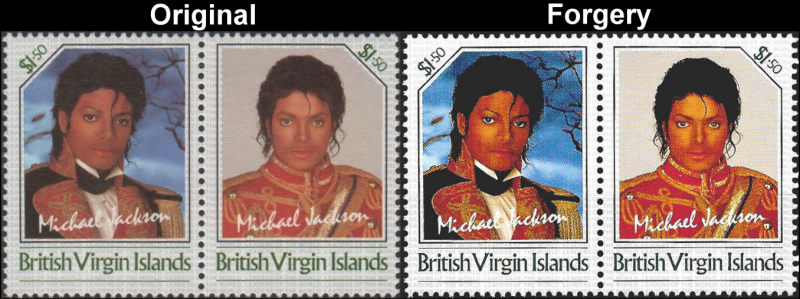 1985 Unissued BVI Michael Jackson Fake with Original $1.50 Stamp Comparison
