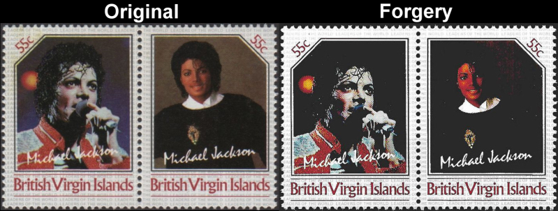 1985 Unissued BVI Michael Jackson Fake with Original 55c Stamp Comparison