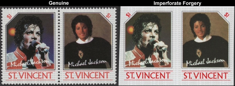 Saint Vincent 1985 Michael Jackson Imperforate $1 Forgery Stamp Pair with Genuine $1 Stamp Pair Comparison
