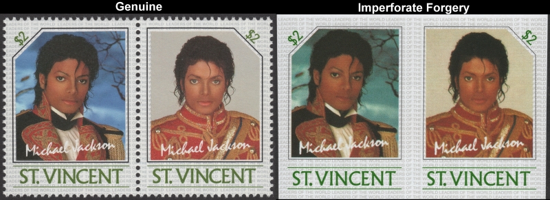 Saint Vincent 1985 Michael Jackson Imperforate $2 Forgery Stamp Pair with Genuine $2 Stamp Pair Comparison