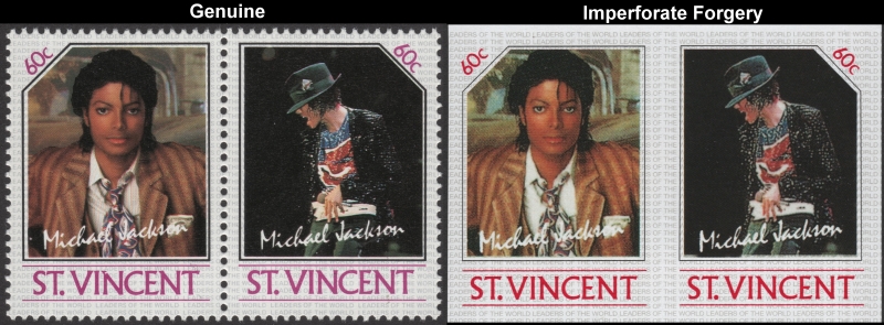 Saint Vincent 1985 Michael Jackson Imperforate 60c Forgery Stamp Pair with Genuine 60c Stamp Pair Comparison